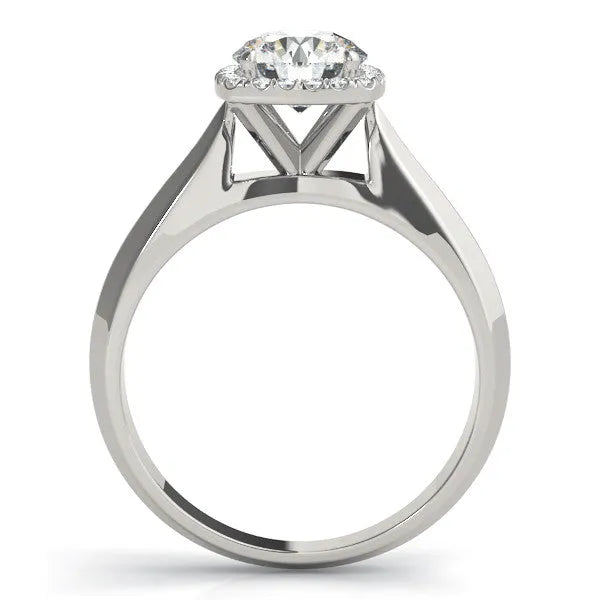 White gold Cushion Halo Round Brilliant Solitaire Ring with Tapered Band and Four-Prong Setting