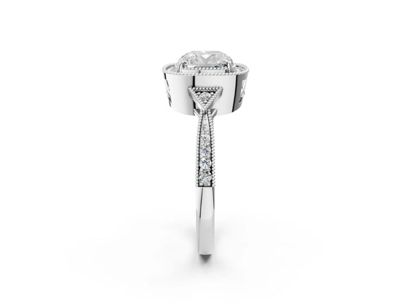 White gold Cushion Halo Round Diamond Milgrain Pave Engagement Ring