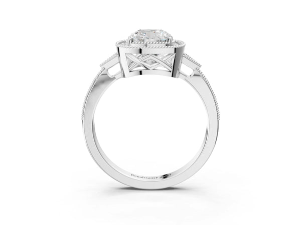White gold Cushion Halo Round Diamond Milgrain Pave Engagement Ring