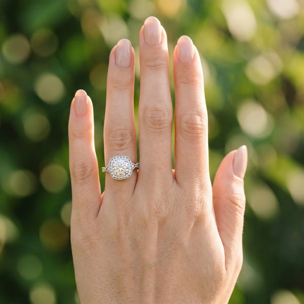 White gold Cushion Halo Round Diamond Milgrain Pave Engagement Ring