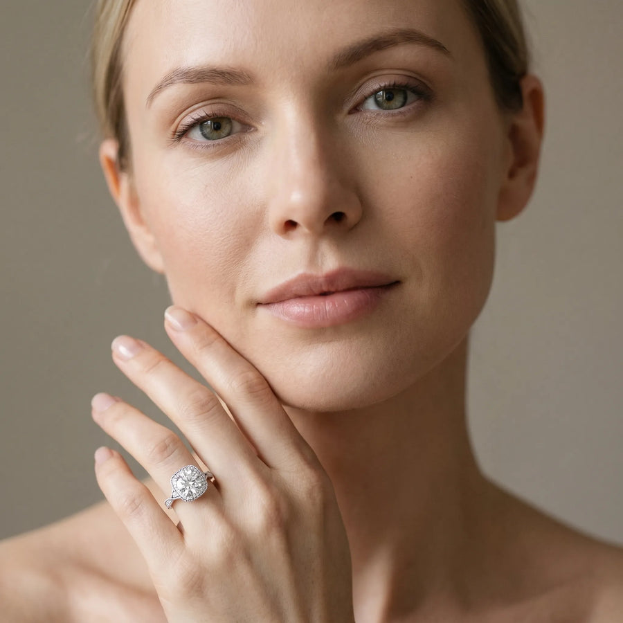 White gold Cushion Halo Round Diamond Milgrain Pave Engagement Ring