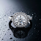 White gold Cushion Halo Round Diamond Milgrain Pave Engagement Ring_18