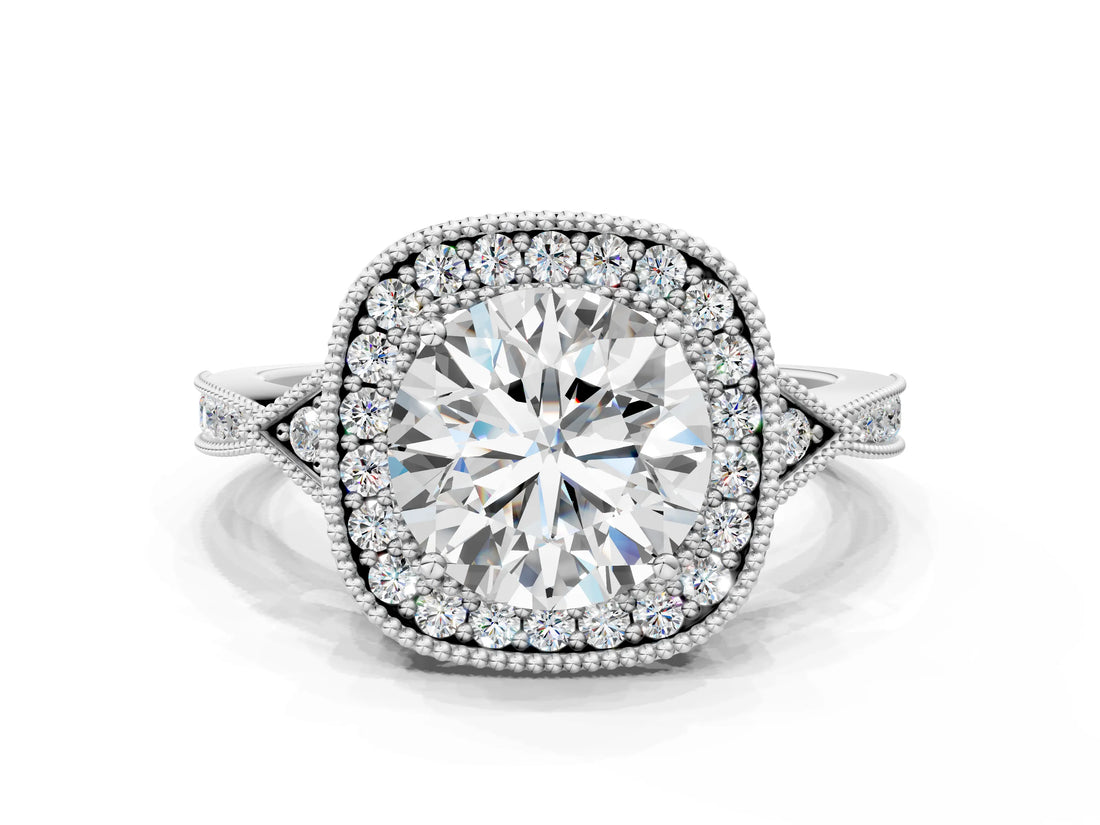 White gold Cushion Halo Round Diamond Milgrain Pave Engagement Ring_27