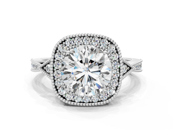 White gold Cushion Halo Round Diamond Milgrain Pave Engagement Ring