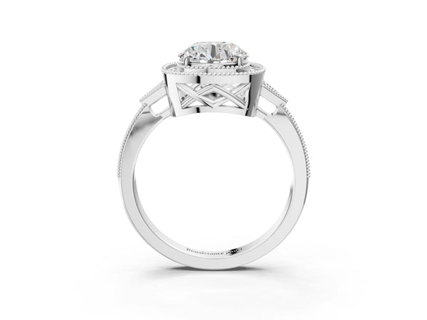 White gold Cushion Halo Round Diamond Milgrain Pave Engagement Ring