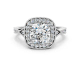 White gold Cushion Halo Round Diamond Milgrain Pave Engagement Ring_9