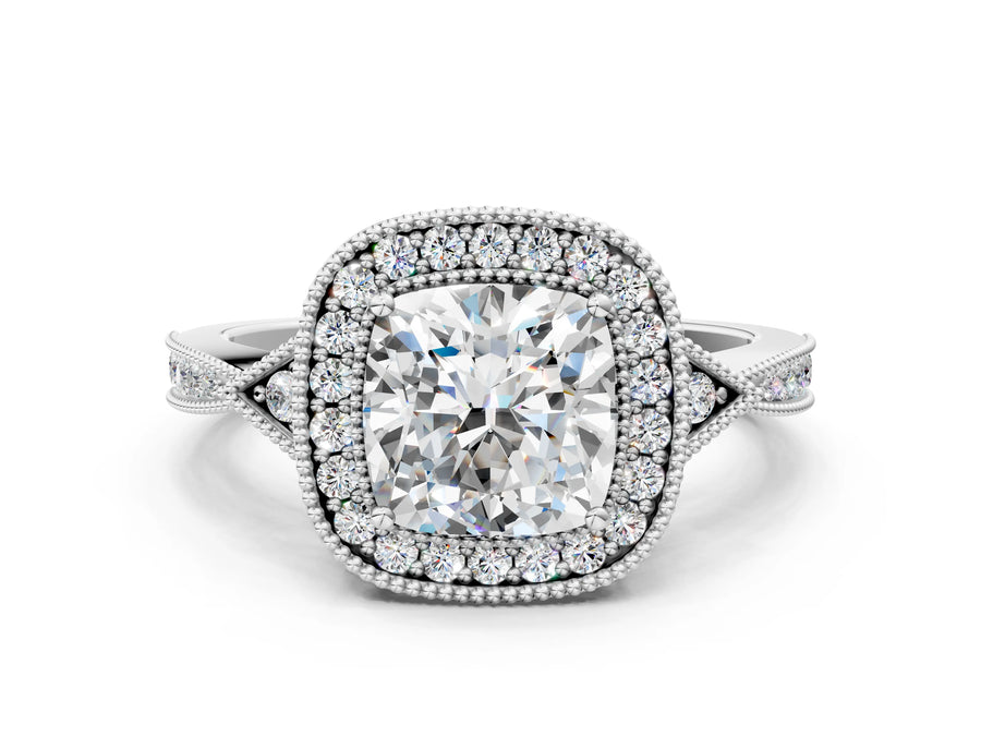 White gold Cushion Halo Round Diamond Milgrain Pave Engagement Ring