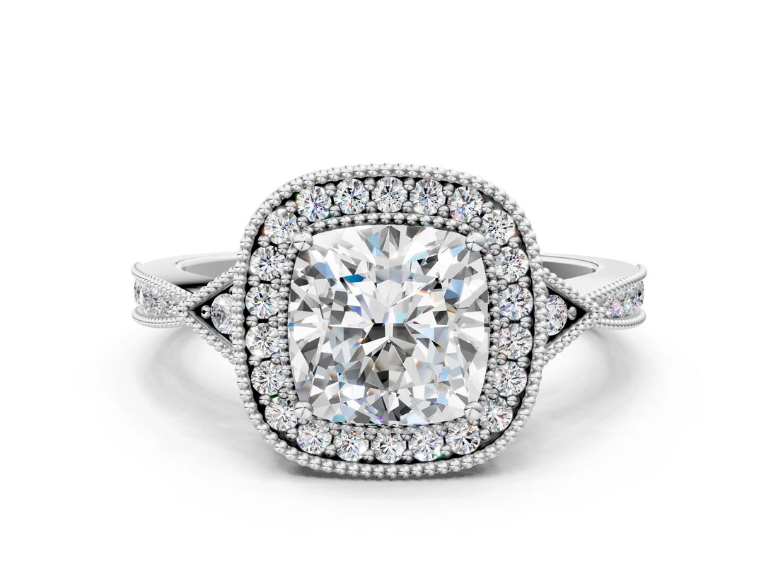 White gold Cushion Halo Round Diamond Milgrain Pave Engagement Ring_9