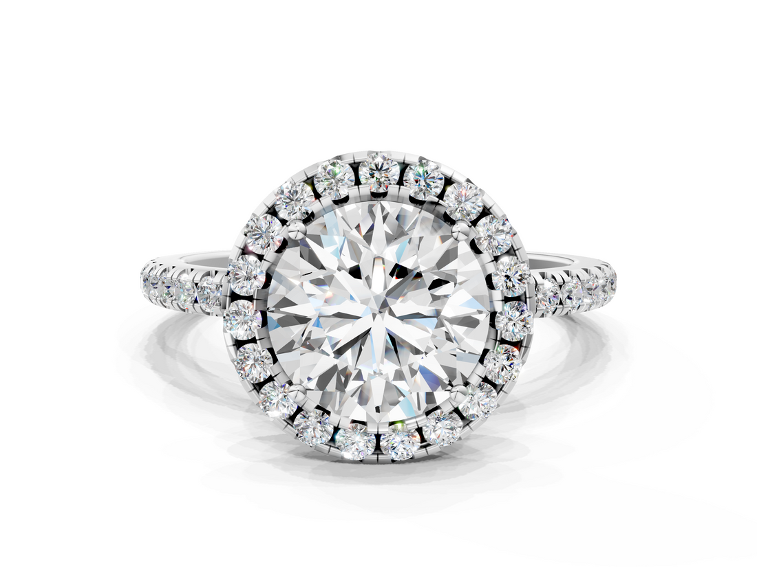 White gold Cushion Halo Round Diamond Pavé Band Four-Prong Ring_22