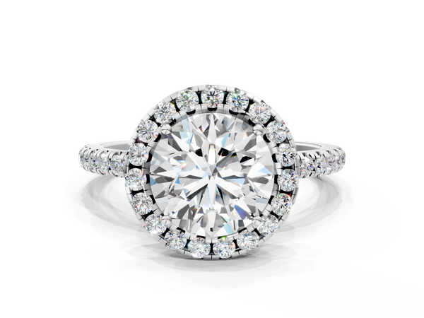 White gold Cushion Halo Round Diamond Pavé Band Four-Prong Ring