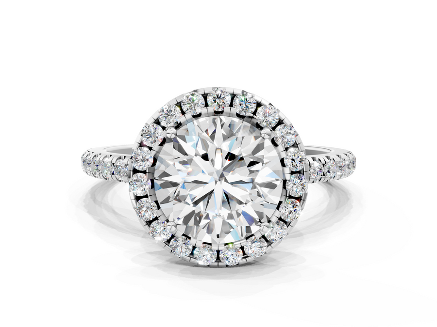 White gold Cushion Halo Round Diamond Pavé Band Four-Prong Ring