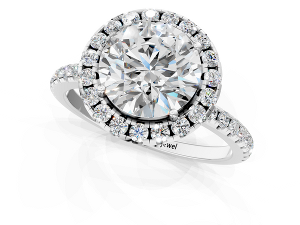 White gold Cushion Halo Round Diamond Pavé Band Four-Prong Ring
