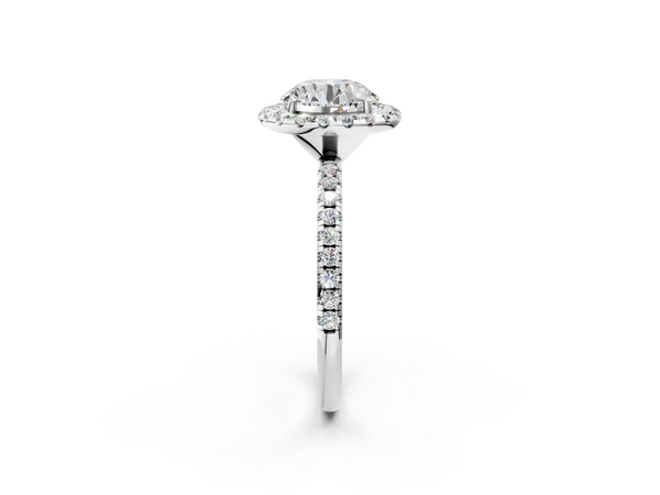 White gold Cushion Halo Round Diamond Pavé Band Four-Prong Ring