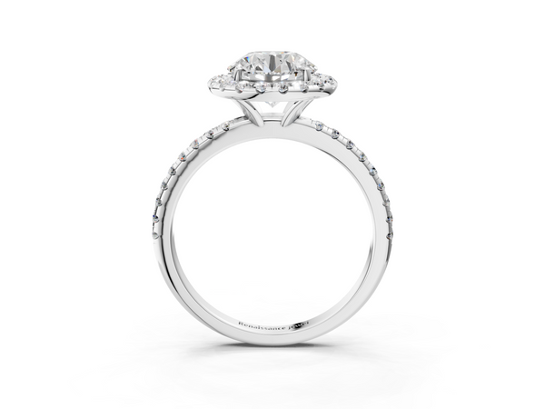 White gold Cushion Halo Round Diamond Pavé Band Four-Prong Ring