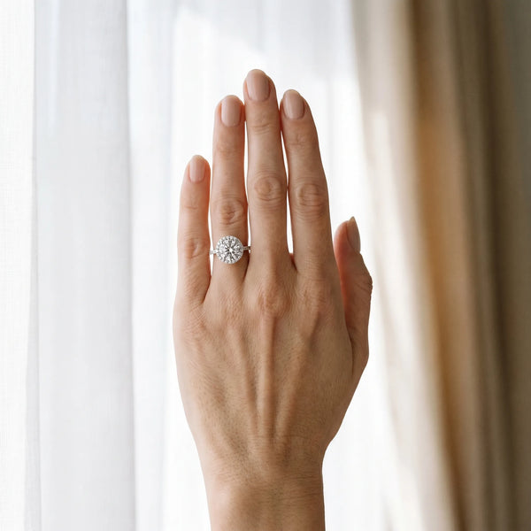 White gold Cushion Halo Round Diamond Pavé Band Four-Prong Ring
