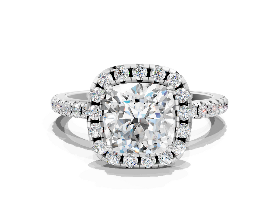 White gold Cushion Halo Round Diamond Pavé Band Four-Prong Ring_3