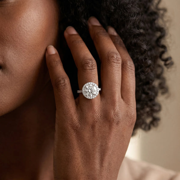White gold Cushion Halo Round Diamond Pavé Band Four-Prong Ring