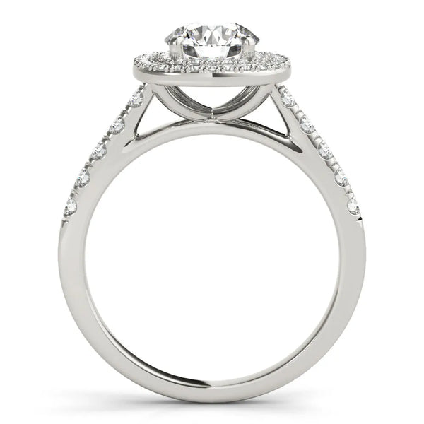White gold Cushion Halo Round Diamond Pavé Band Ring with Four-Prong Setting