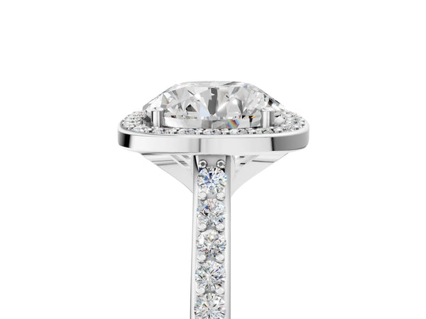 White gold Cushion Halo Round Diamond Pavé Band with Four-Prong Setting