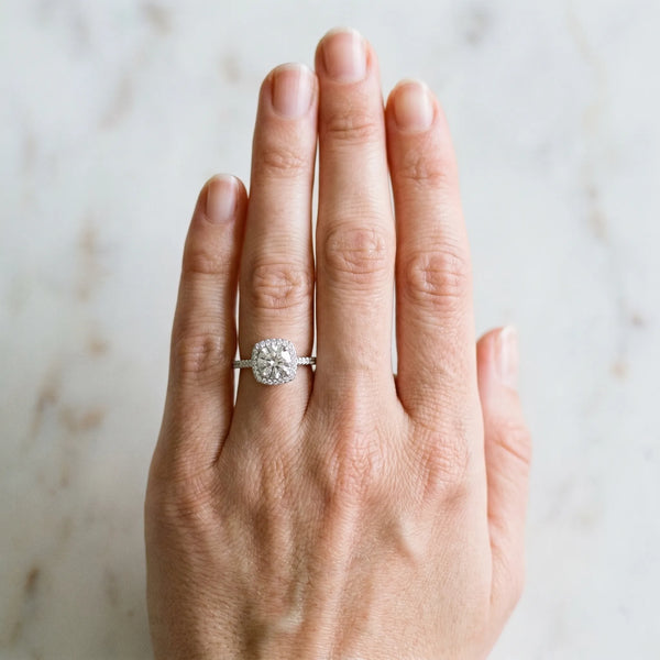 White gold Cushion Halo Round Diamond Pavé Band with Four-Prong Setting