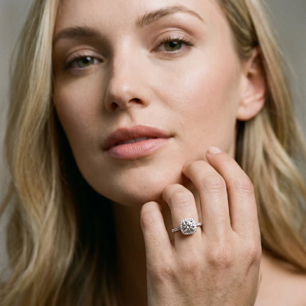 White gold Cushion Halo Round Diamond Pavé Band with Four-Prong Setting