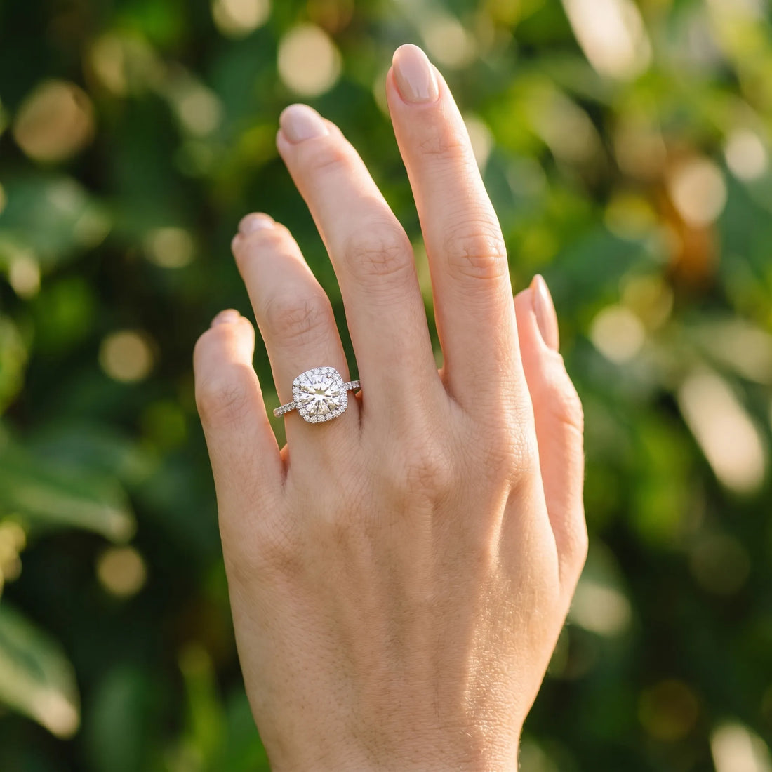 White gold Cushion Halo Round Diamond Pave Band Prong Setting Ring_3