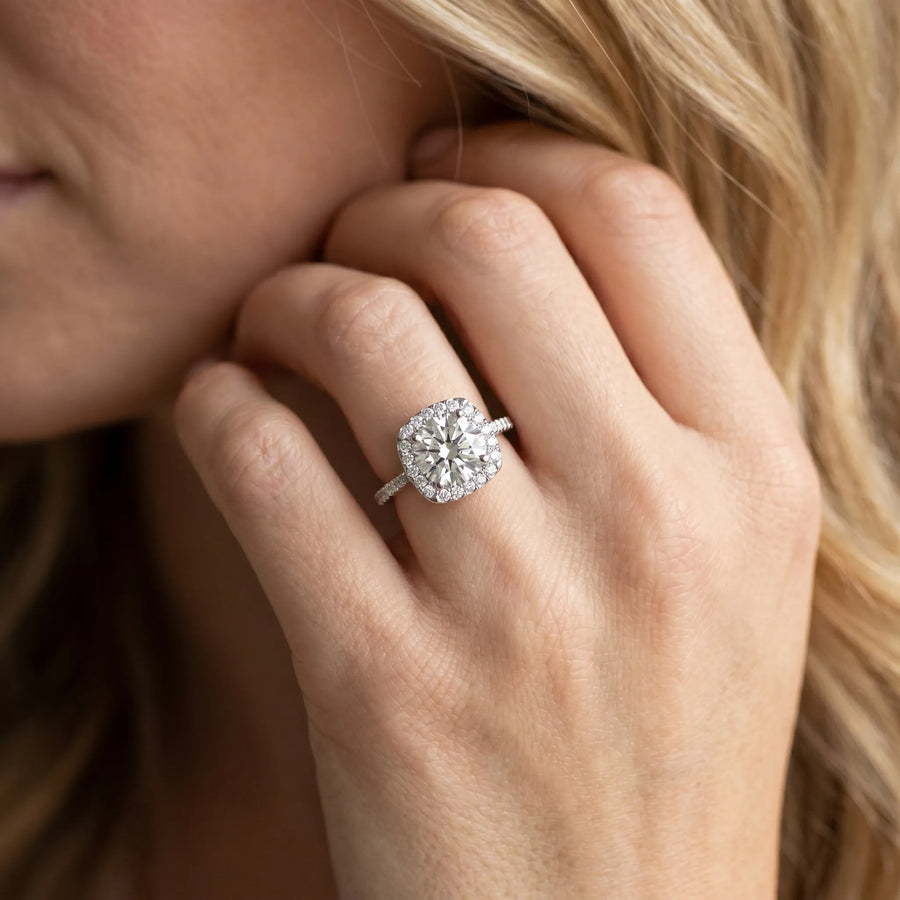 White gold Cushion Halo Round Diamond Pave Band Prong Setting Ring
