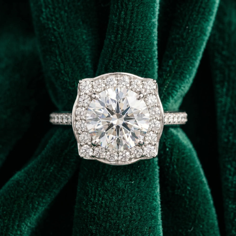 White gold Cushion Halo Round Diamond Pave Band with Four-Prong Setting