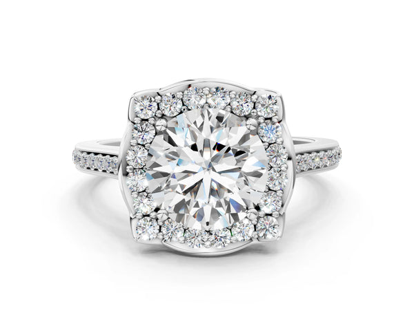 White gold Cushion Halo Round Diamond Pave Band with Four-Prong Setting