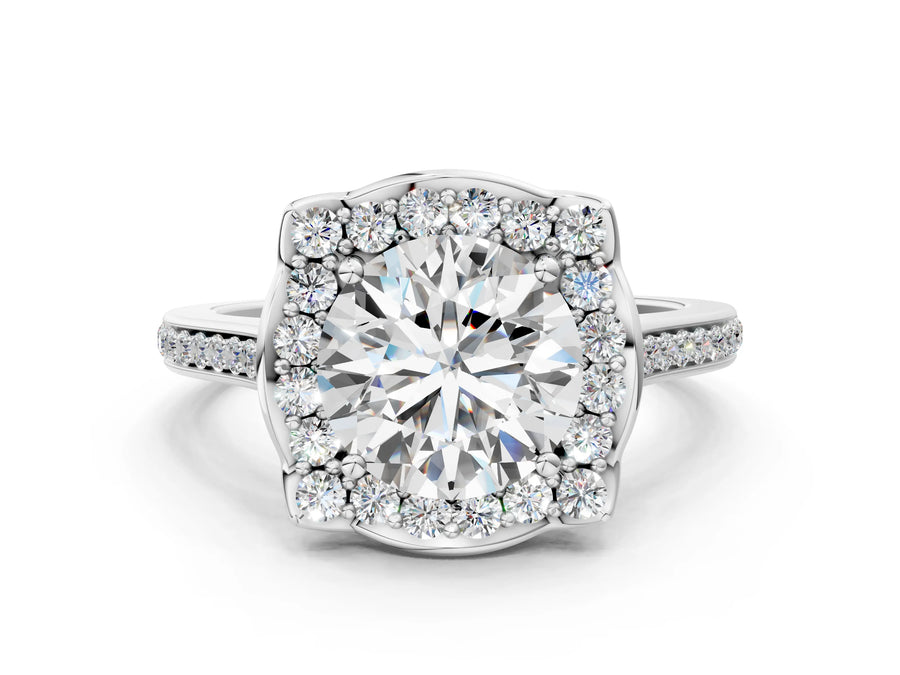 White gold Cushion Halo Round Diamond Pave Band with Four-Prong Setting