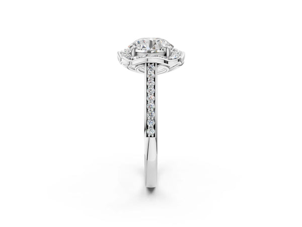 White gold Cushion Halo Round Diamond Pave Band with Four-Prong Setting