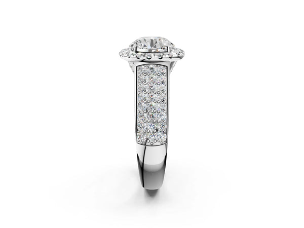 White gold Cushion Halo Round Diamond Pave Band with Prong Setting
