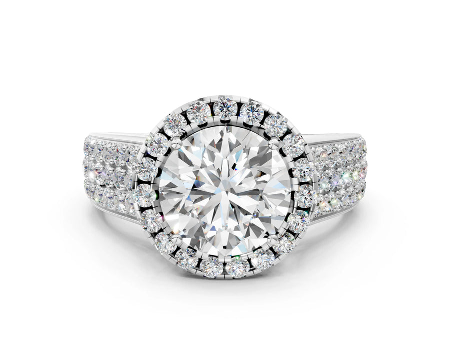 White gold Cushion Halo Round Diamond Pave Band with Prong Setting