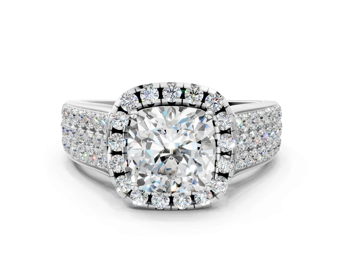 White gold Cushion Halo Round Diamond Pave Band with Prong Setting