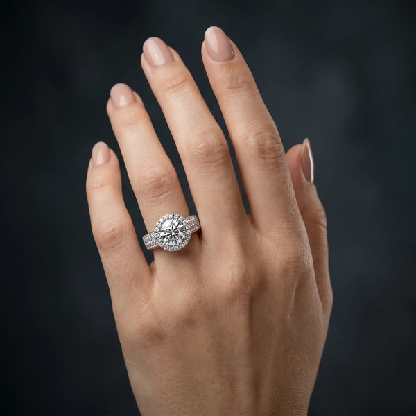 White gold Cushion Halo Round Diamond Pave Band with Prong Setting
