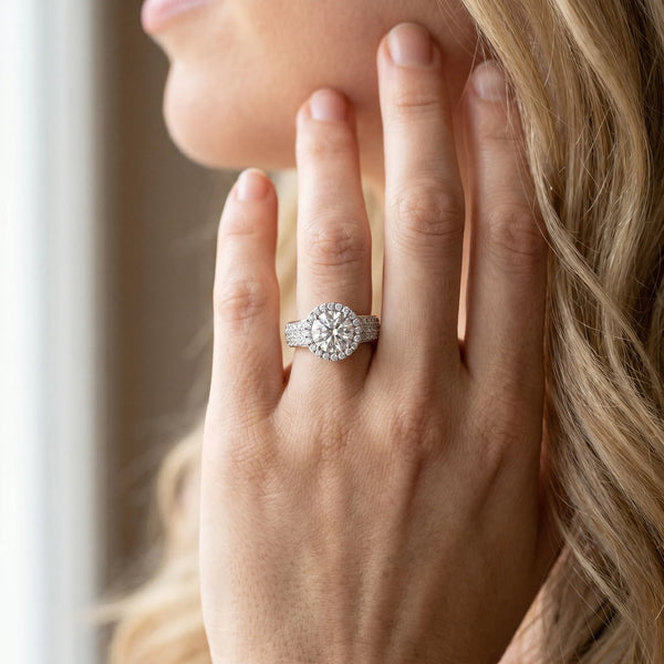 White gold Cushion Halo Round Diamond Pave Band with Prong Setting