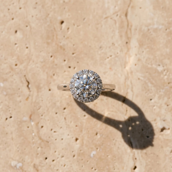 White gold Cushion Halo Round Diamond Solitaire Engagement Ring with Pave Band and Four-Prong Setting