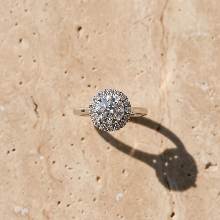 White gold Cushion Halo Round Diamond Solitaire Engagement Ring with Pave Band and Four-Prong Setting