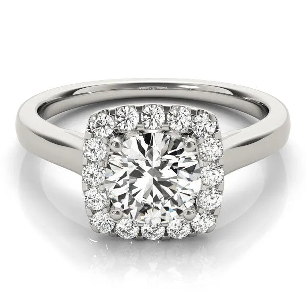 White gold Cushion Halo Round Diamond Solitaire Ring with Pavé Band and Four-Prong Setting