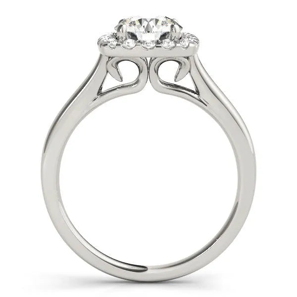 White gold Cushion Halo Round Diamond Solitaire Ring with Pavé Band and Four-Prong Setting