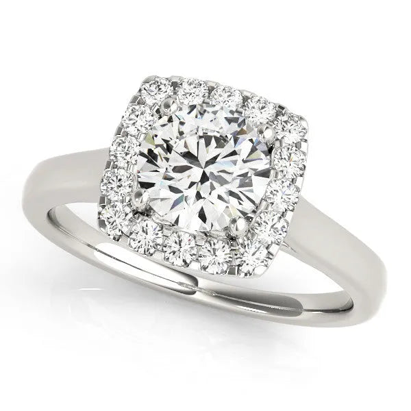 White gold Cushion Halo Round Diamond Solitaire Ring with Pavé Band and Four-Prong Setting