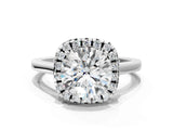 White gold Cushion Halo Round Diamond Solitaire Ring with Pavé Band and Four-Prong Setting_14
