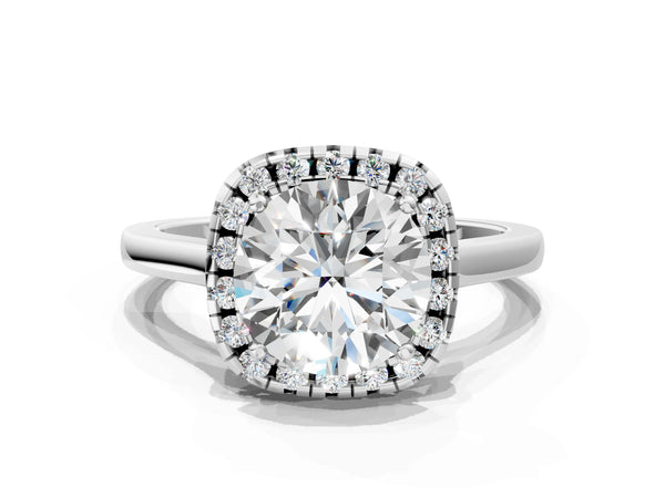 White gold Cushion Halo Round Diamond Solitaire Ring with Pavé Band and Four-Prong Setting