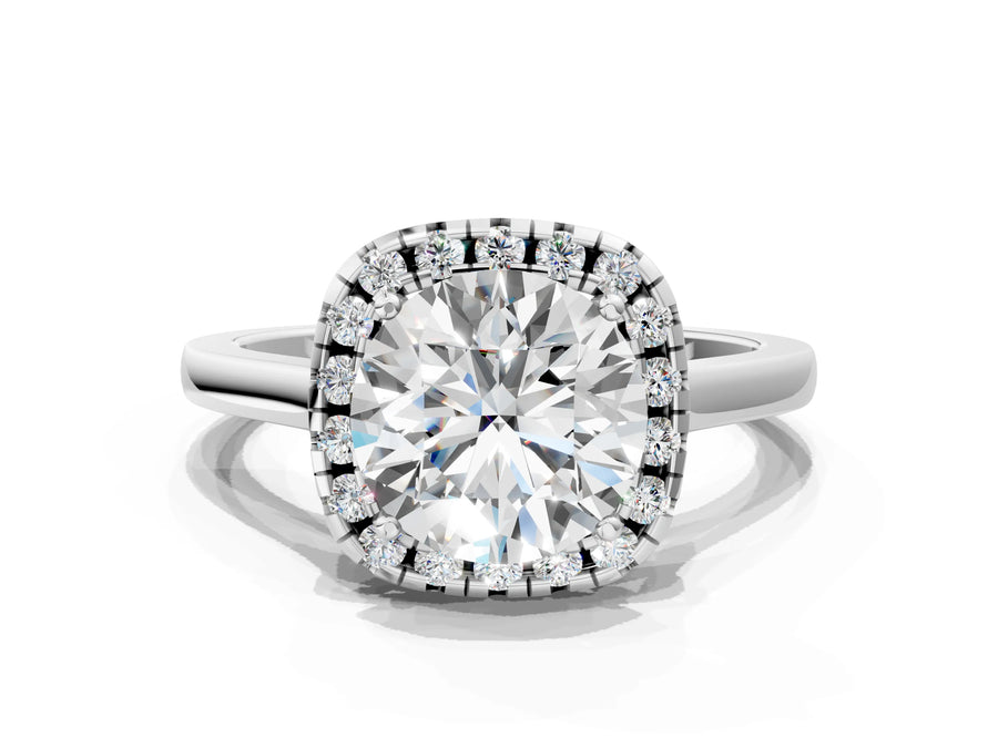 White gold Cushion Halo Round Diamond Solitaire Ring with Pavé Band and Four-Prong Setting