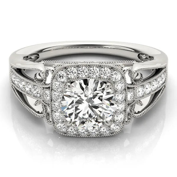 White gold Cushion Halo Round Diamond Split Shank Milgrain Ring