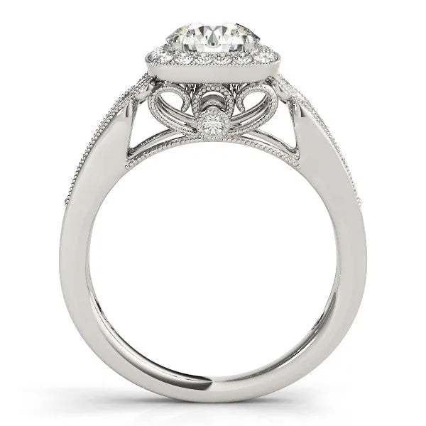 White gold Cushion Halo Round Diamond Split Shank Milgrain Ring