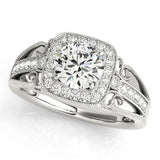 White gold Cushion Halo Round Diamond Split Shank Milgrain Ring