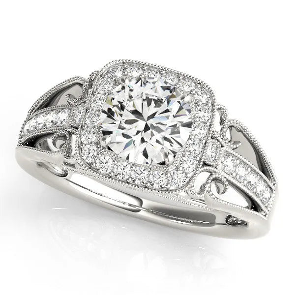White gold Cushion Halo Round Diamond Split Shank Milgrain Ring