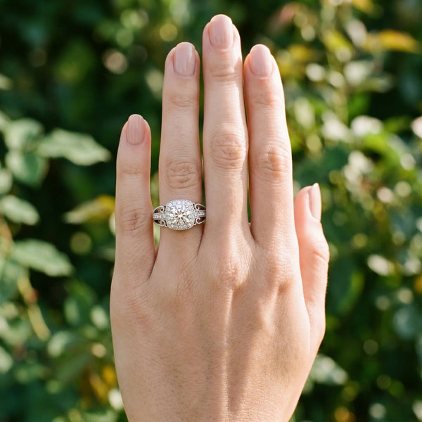 White gold Cushion Halo Round Diamond Split Shank Milgrain Ring