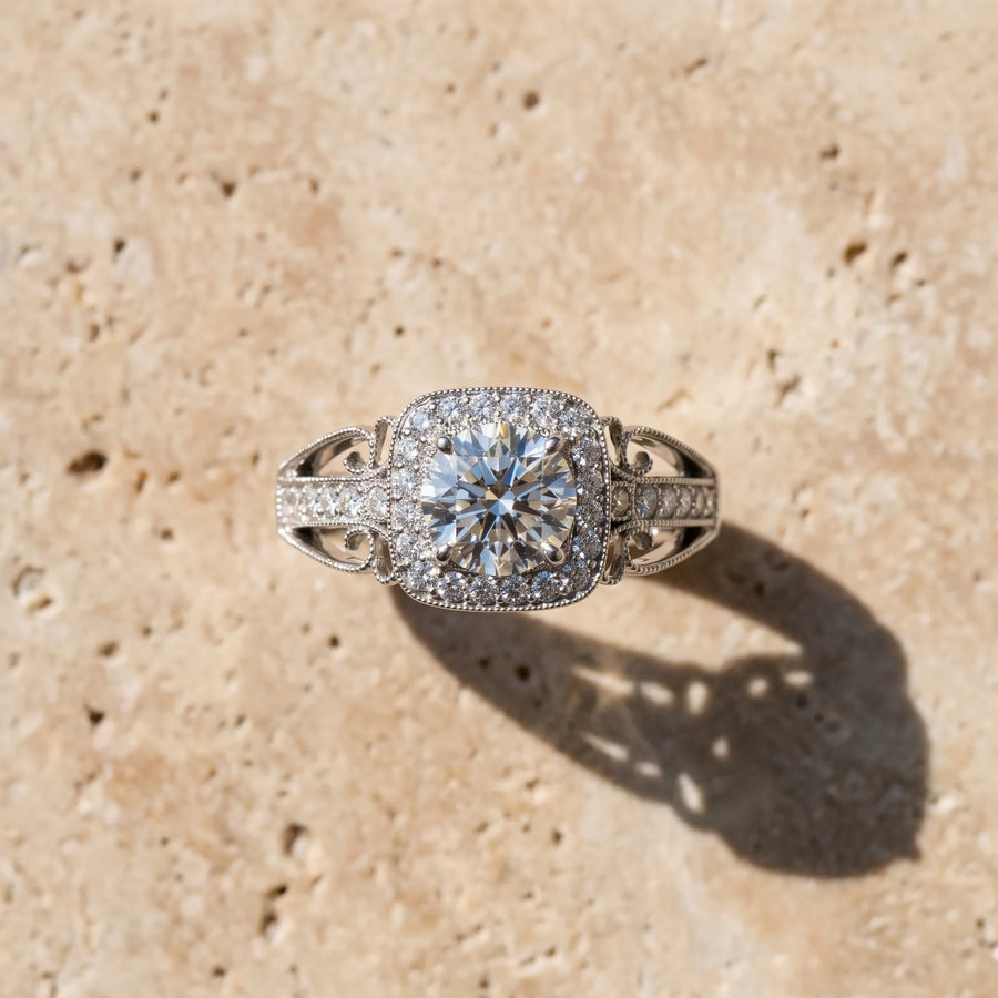 White gold Cushion Halo Round Diamond Split Shank Milgrain Ring